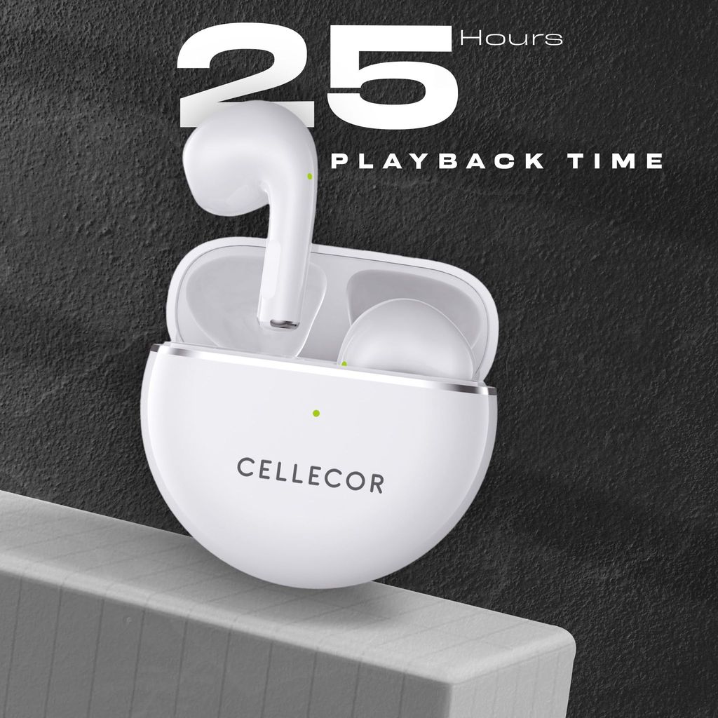 CELLECOR BroPods CB02+ Waterproof TWS with 25 Hours Playtime, Automatic Pairing, ENC Bluetooth Headset (White )