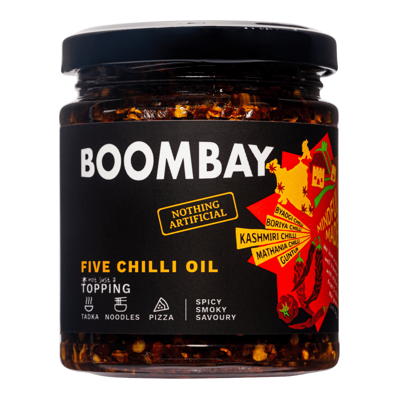 BOOMBAY Five Chilli Oil Topping - Use as a Tadka for Dal, Topping on Pizza, Spicy Flavour to Noodles, 190 gm