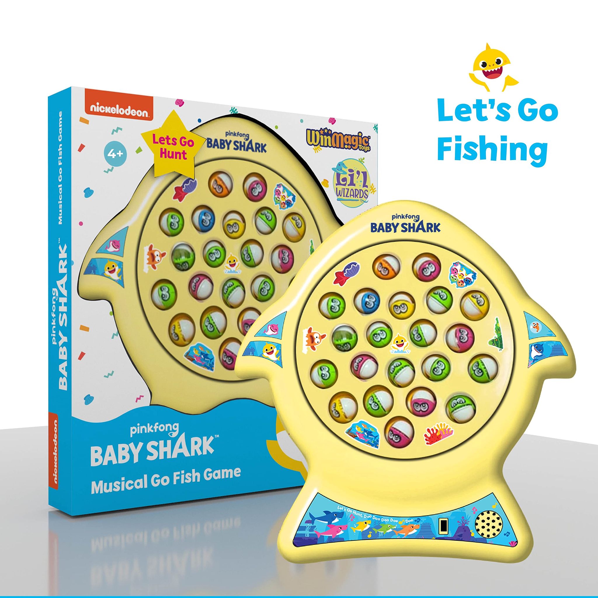Li'l Wizards Baby Shark Sing&Go Fishing Game|Musical Fish Game with Rotating Pond,21 Fishes&4 Fishing Poles|for Kids 4+Yrs|Gifting|India's Character Fishing Game with Iconic Baby Shark Song,Yellow