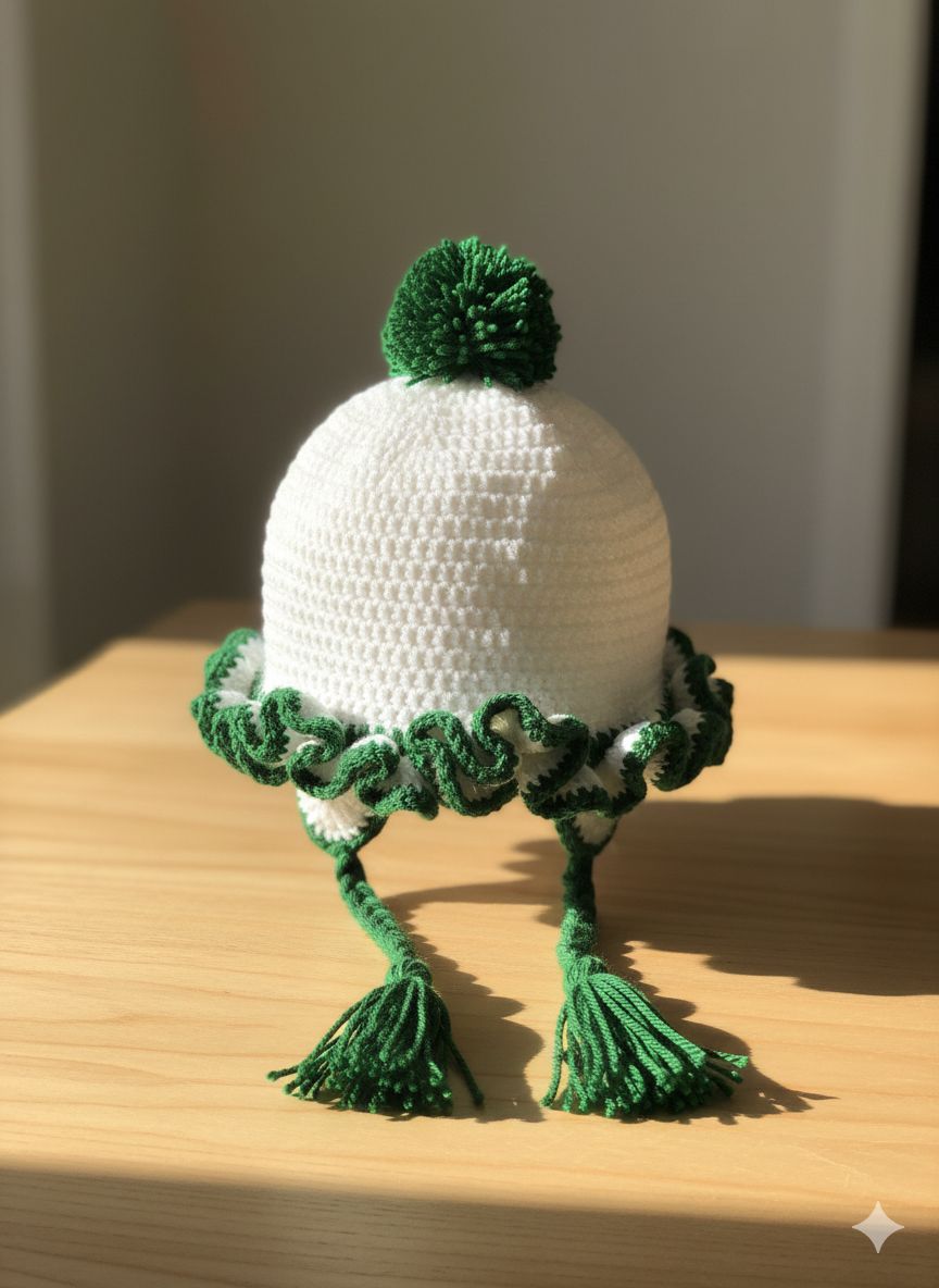 Handcrafted Green & White Woolen Crochet Baby Cap with Pom-Pom – 10×10×5 cm – 1 Piece