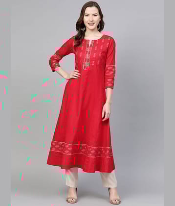 Yash Gallery Pack of 1 Cotton Printed Flared Women's Kurti - ( Red )