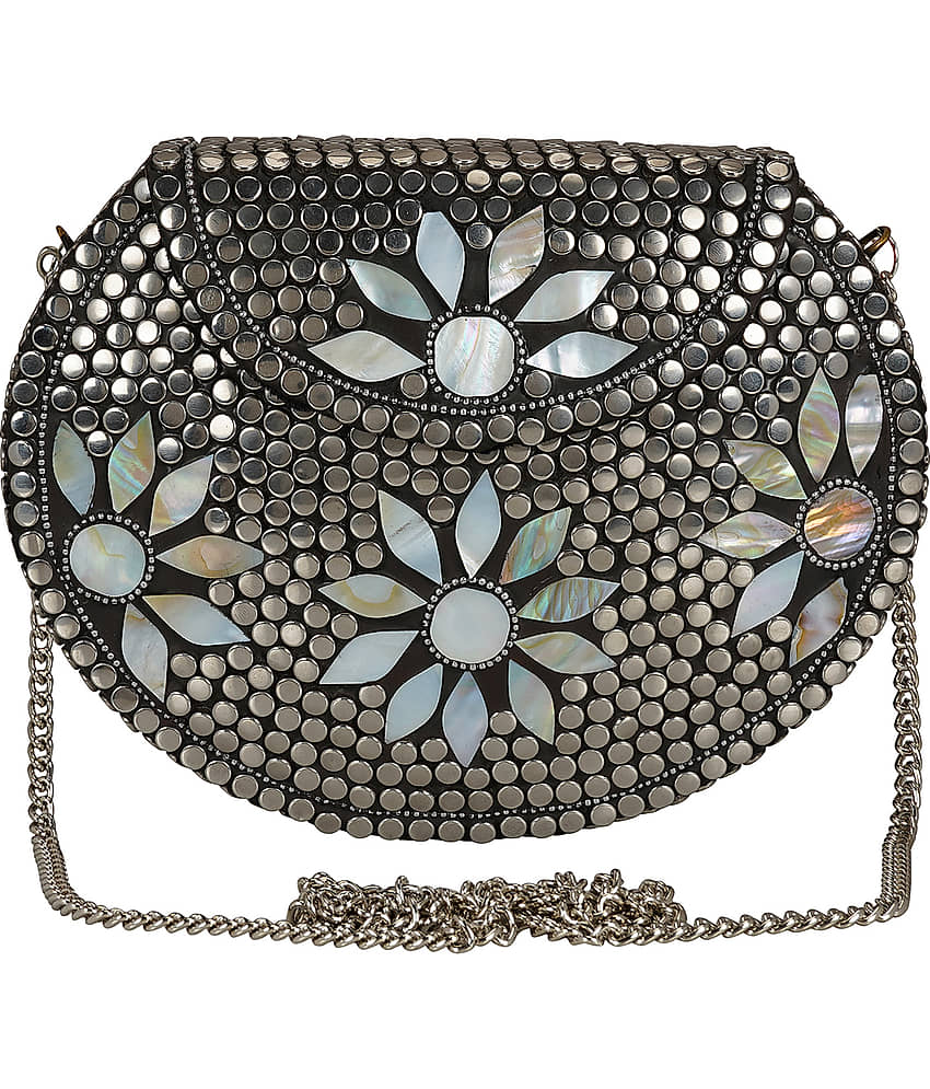 Anekaant Silver Metal Box Clutch