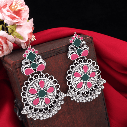 Silver Plated Multi Coloured Artwork Antique Earring- AER 35