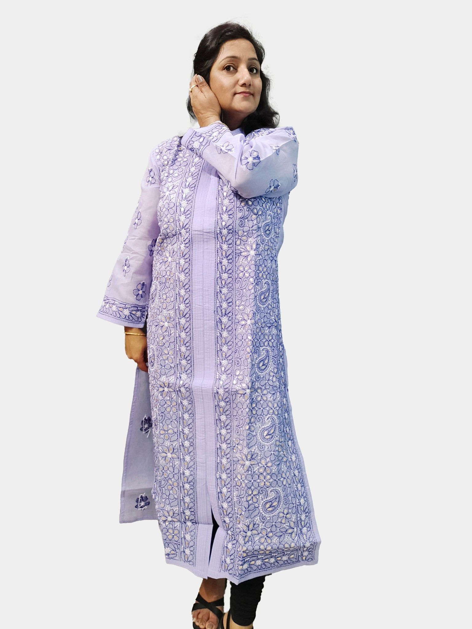 TheHangr Dual Thread Hand Embroided Blueberry Shade Cotton Lucknowi Chikankari Kurti