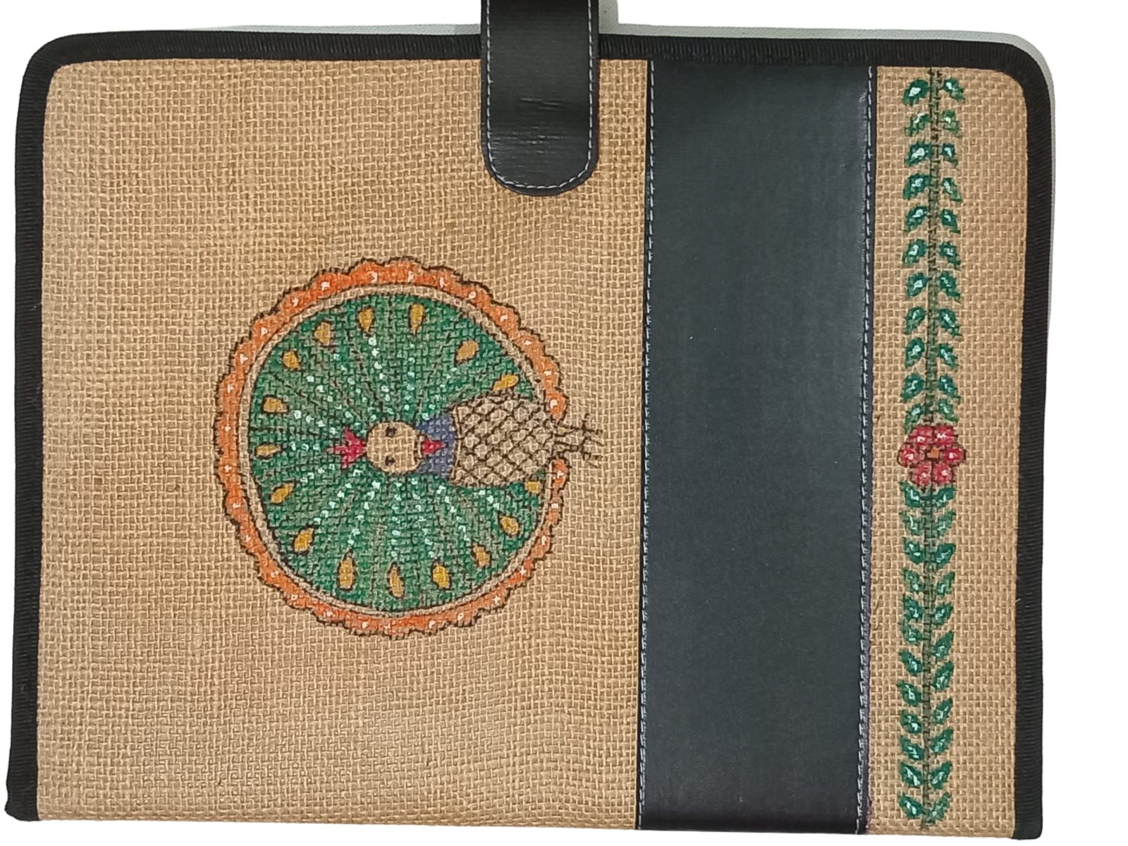 Handmade Tikuli Painting Jute File Folder - Eco-Friendly A4 Document Organizer with 2 Compartments