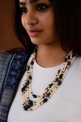 Pearls, Green Onyx,  Ruby Quartz Layered Necklace