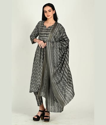 Rajnandini Women Cotton Blend Printed A-line Kurti With Pants ( Grey )