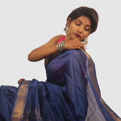 Royal Blue Maheshwari Silk Cotton Saree with Elegant Gold Zari Border