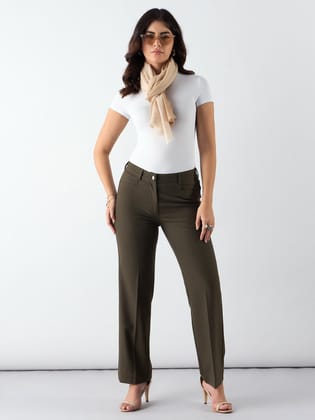 Olive Regular Fit Mid Waist Trouser In 4-Way Stretch Fabric-L