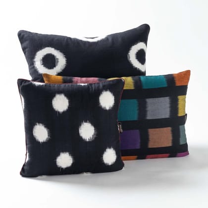Handwoven Ikat Cotton Cushion Cover Black White and Multicolor Assorted Sizes Pack of 3