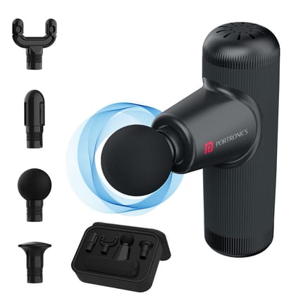Portronics Zeno Go, Percussion Massage Gun for Pain Relief, Deep Tissue, 4 Speeds and 4 Massage Heads, Cordless, Brushless Motor, Quiet Operation for Neck, Shoulders, Back, Arms, Legs and Feet (Black)