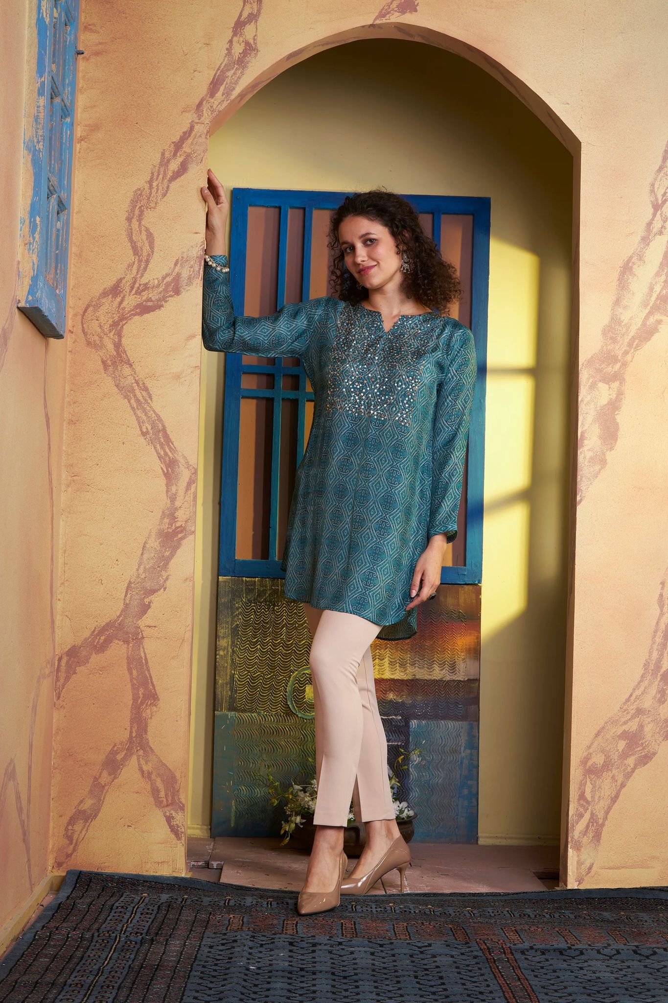 Turquoise Blue viscose kurti with gold seq embroidery-M
