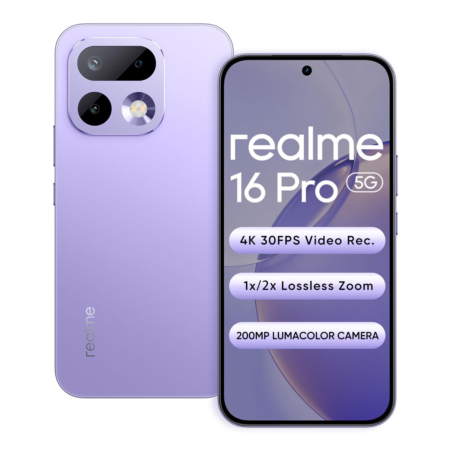 Realme 16 Pro 5G Smartphone 12+256GB Orchid Purple, 144Hz AMOLED Display,7000mAh Battery,80W SuperVOOC, 200MP Primary Camera 50MP Front Camera, MediaTek 7300-Max Processor,IP69