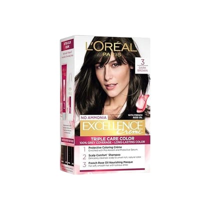 L'Oreal Paris Excellence Crème Hair Color, Dark Brown (3) - Ammonia-Free, 100% Grey Coverage