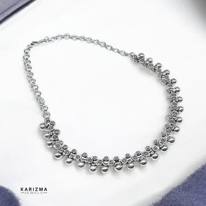Real Silver Charming Oxidized Floral Beaded Short Women's Necklace 18"