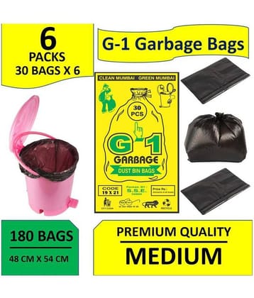 Premium Quality Garbage Bags Medium Black 19 X 21 inch | 6 Packs of 30 Pcs = 180 Pcs | Dustbin Trash Waste Dustbin Disposable Covers - Size 48 X 54 cm.