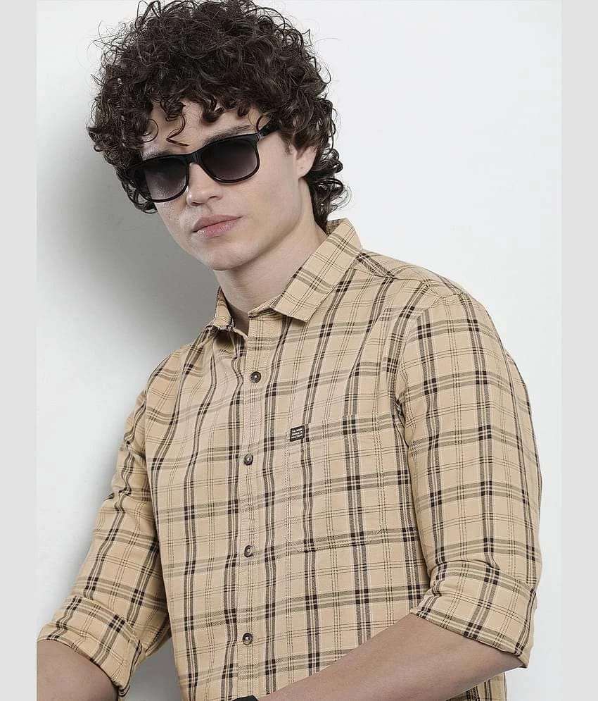 The Indian Garage Co. 100% Cotton Slim Fit Checks Full Sleeves Mens Casual Shirt - Beige ( Pack of 1 ) - None