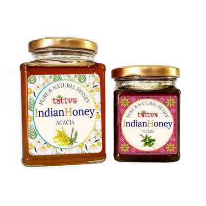 IndianHoney Rajasthan Acacia Honey & Ayurvedic & Stress-Relief Tulsi Infused Honey Combo Pack (500gm & 230gm) Rajasthan Acacia & Tulsi