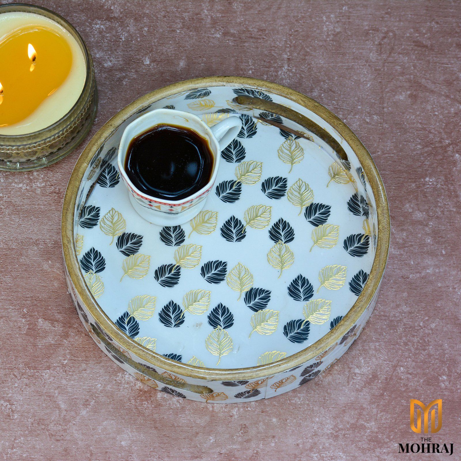 The Mohraj Monochrome Gold Foil Round MDF Trays Set of 3