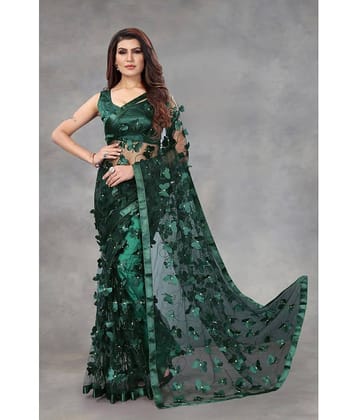 JULEE Net Applique Saree With Unstitched Blouse Piece ( Green )