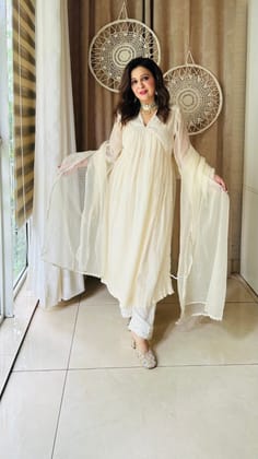 Embroidery Gown Cotton Pant And Chanderi duppata set-S
