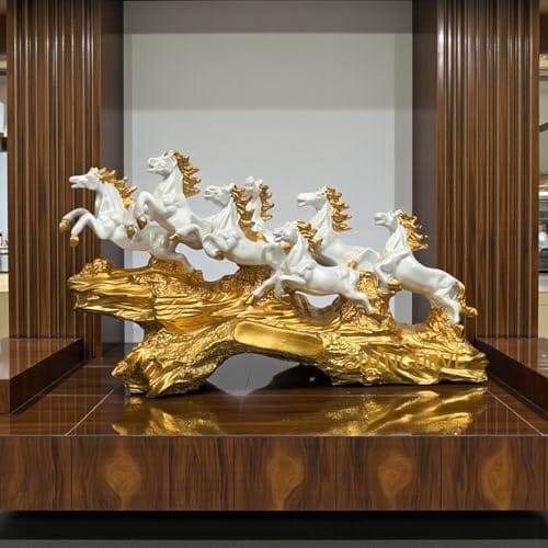 7 Running Horses Statue for Home Decor, White & Gold Resin Vastu Feng Shui Showpiece, Symbol of Prosperity,