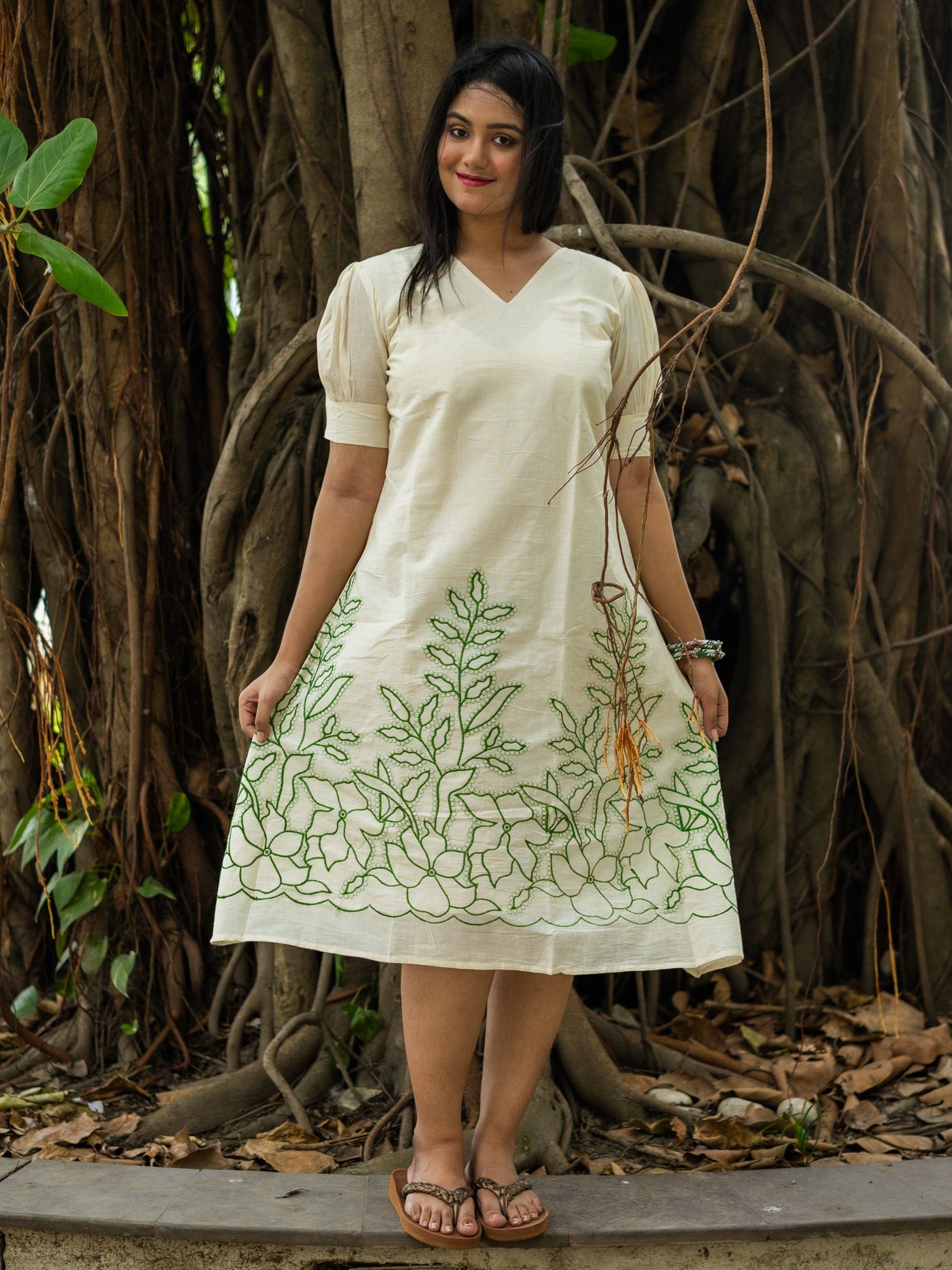 White Cotton Dress With Green Floral Embroidery-M