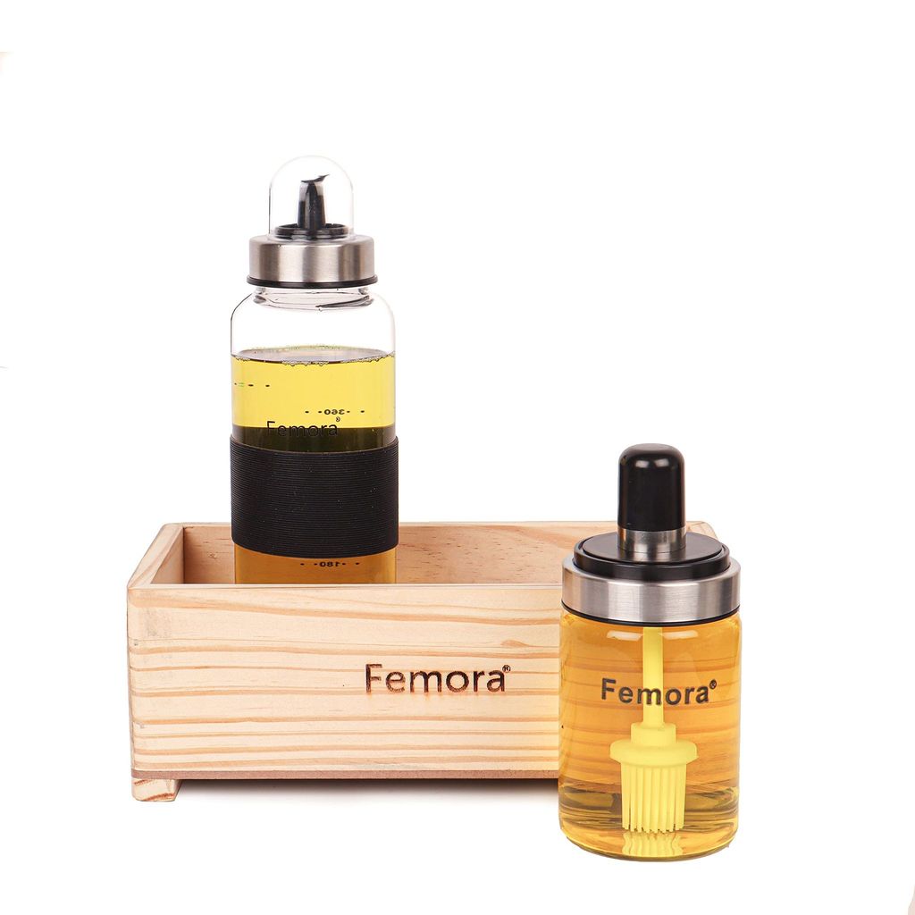Femora Borosilicate Glass Oil Bottle, 500 ML with Ghee Brush Jar 250 ML in One Wooden Tray for Kitchen