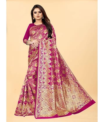 Gazal Fashions Banarasi Silk Embellished Saree With Unstitched Blouse Piece ( Pink )
