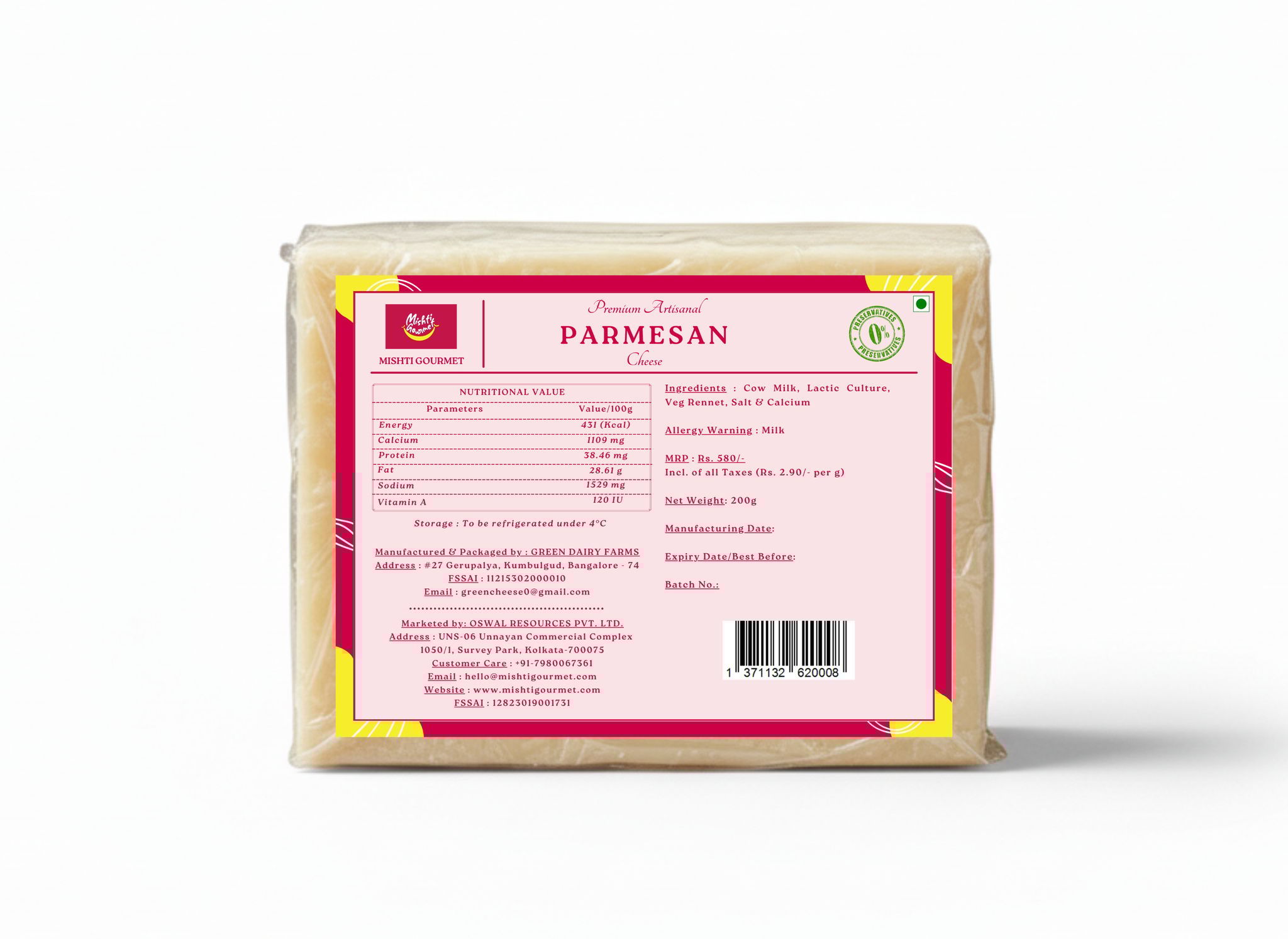 Mishti Gourmet Premium Artisanal Parmesan Cheese 200g-0% Preservatives