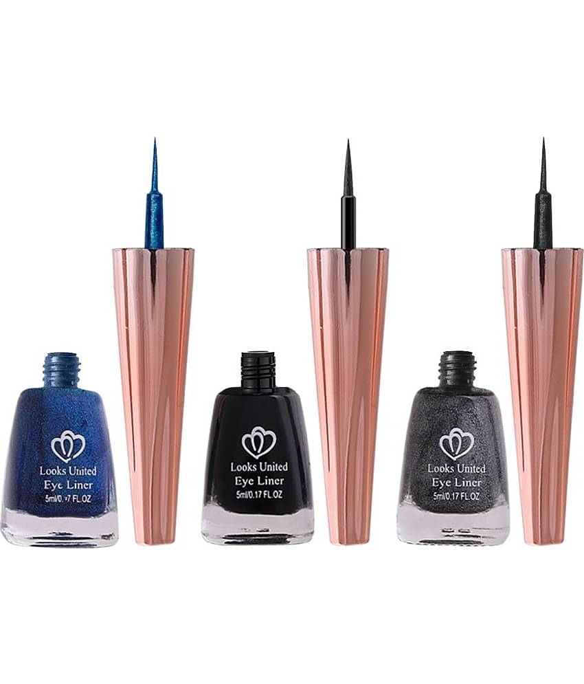 Looks United Metallic Long Lasting Intense Single Stroke Fashion Eyeliner (Metallic Admiral Blue, Coal Black, Looks United Metallic Charcoal)Pack Of 3