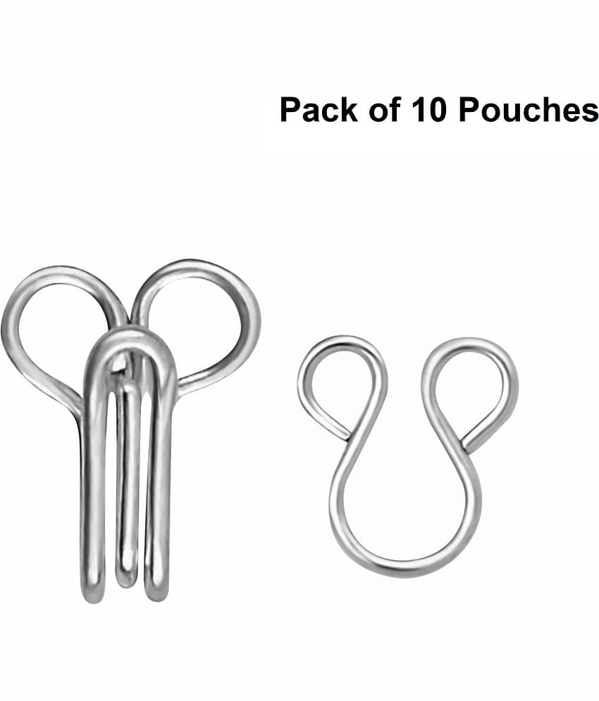 JYOTI Dress Hook & Eye (50 Hooks of 3 Wire Size 2 of Stainless Steel Material in Nickel Finish in a Pouch) Hooks for Ladies' Blouses, Chudidars, Children's Dresses, Frocks, Gowns - Pack of 10 Pouches
