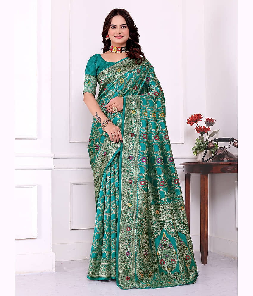 Kanooda Prints Silk Blend Embellished Banarasi saree With Unstitched Blouse Piece ( Multicolor 1 )