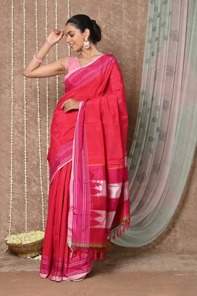 Tyohaar Handloom Cotton Viscose Ilkal Saree with Pure Resham Pallu - Bright Red with Pink Border - Sarees | Buy online on ZillyBuy