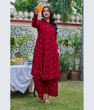 YAGNIK FASHION Women Rayon Printed A-line Kurti With Pants ( Maroon )
