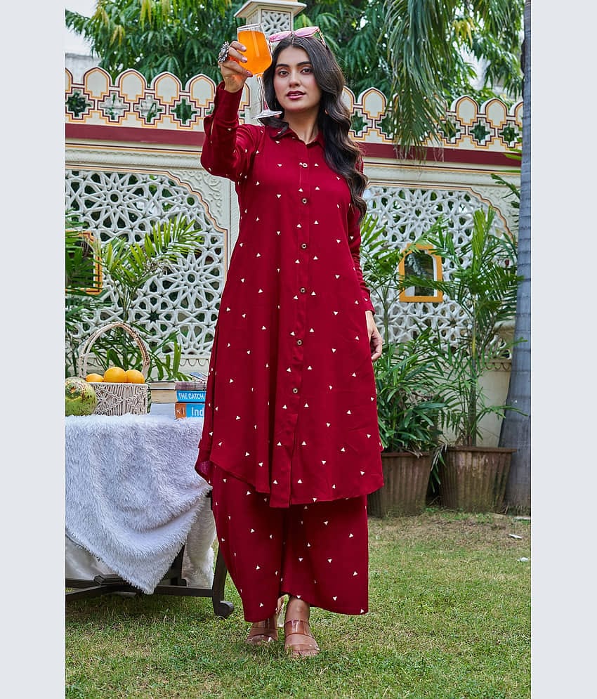 YAGNIK FASHION Women Rayon Printed A-line Kurti With Pants ( Maroon )