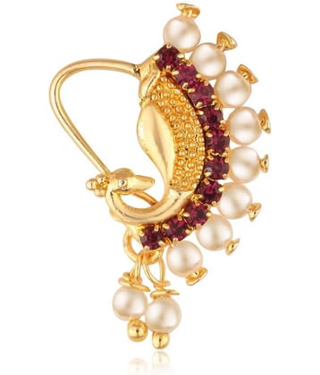 Vighnaharta Gold Plated with Peals Alloy and CZ stone Piercing Maharashtrian Nath Nathiya./ Nose Pin for women  [VFJ1086NTH-TAR-Red ]