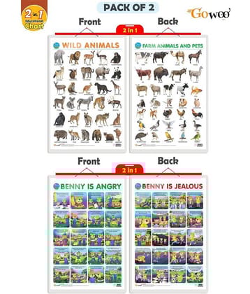 Set of 2 |2 IN 1 WILD AND FARM ANIMALS & PETS and 2 IN 1 BENNY IS ANGRY AND BENNY IS JEALOUS Early Learning Educational Charts for Kids|