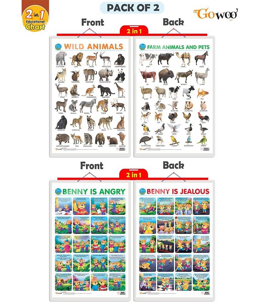 Set of 2 |2 IN 1 WILD AND FARM ANIMALS & PETS and 2 IN 1 BENNY IS ANGRY AND BENNY IS JEALOUS Early Learning Educational Charts for Kids|