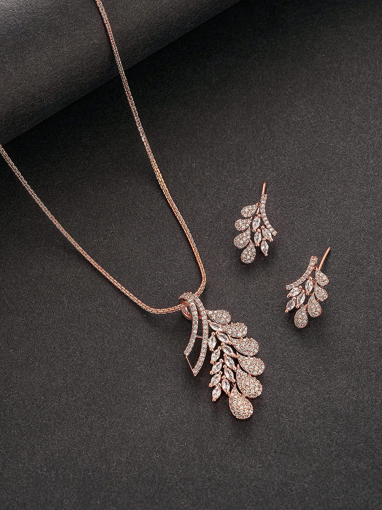 Rose Toned White Zircon Studded Leaf Motif Minimal Pendant Jewellery Set - Jewellery Sets | Buy online on ZillyBuy