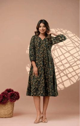 Moongia Green Hand-Block Printed A-Line Cotton Dress