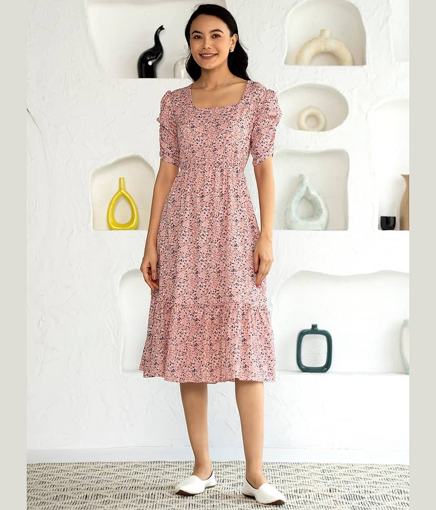 aask Women Polyester Printed Fit & Flare Dress ( Peach )