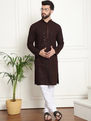 Men's Cotton Gold Embroidered Sequinned Brown Kurta With white churidar Pyjama-36