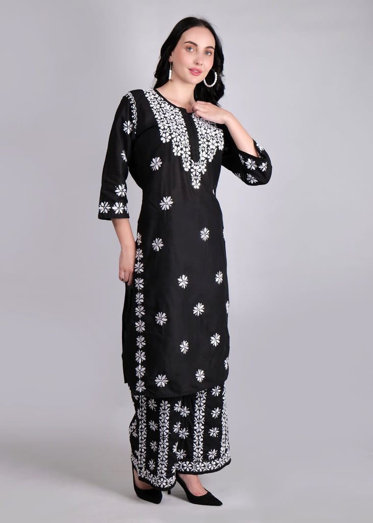 Pure Cotton Hand Embroidered Chikankari Plazo Set