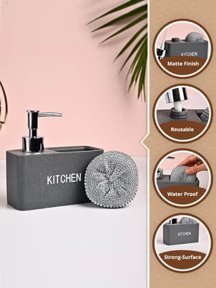 MARKET99 Grey Polyresin Soap Dispenser With Scourer- 130ml