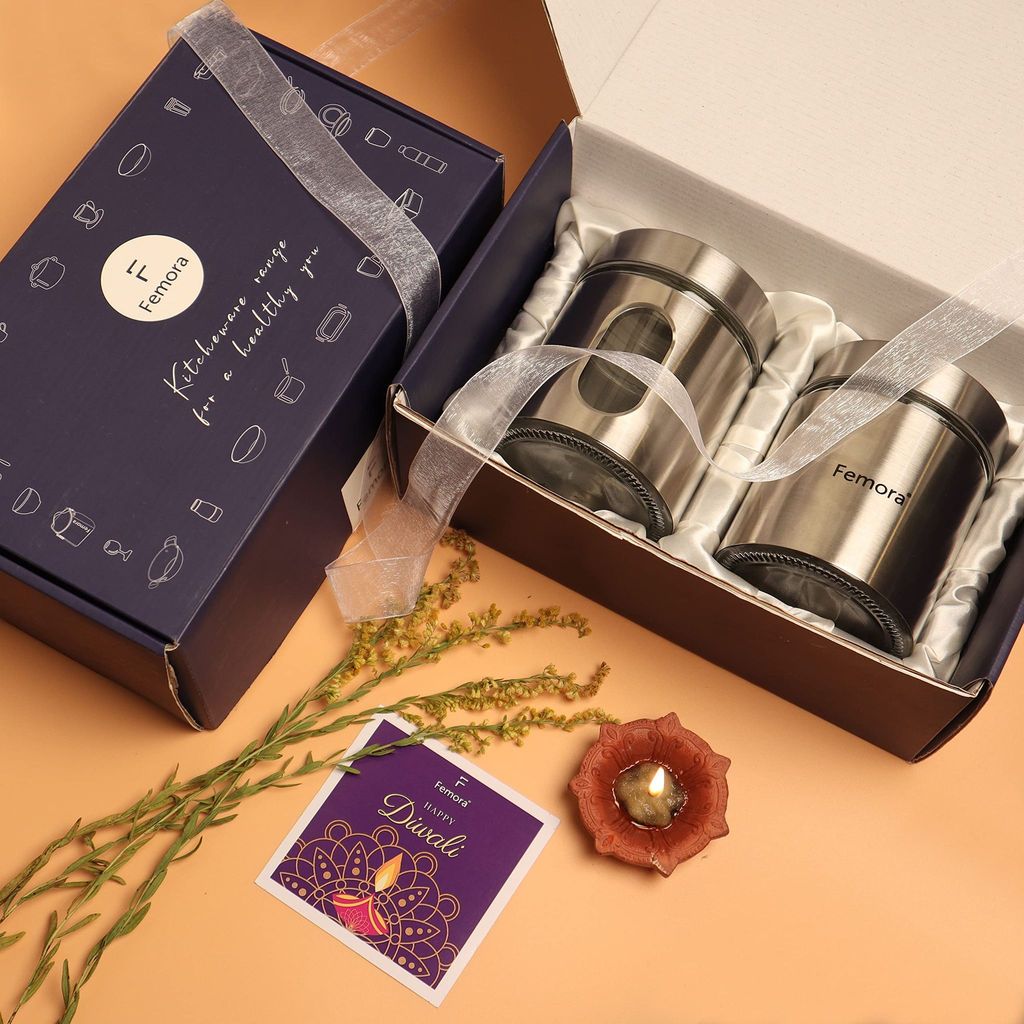 Femora Attractive Combo Gift Pack with Glass Window Jar for Kitchen Storage, 700 ML, Pack of 2, Free Replacement of Lids