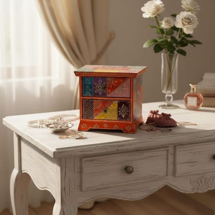 Wood Chest Drawer | Multicolor Desk, Orange Jewellery Decor