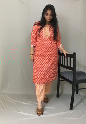Red Flower Print Kurti Set-38 - M