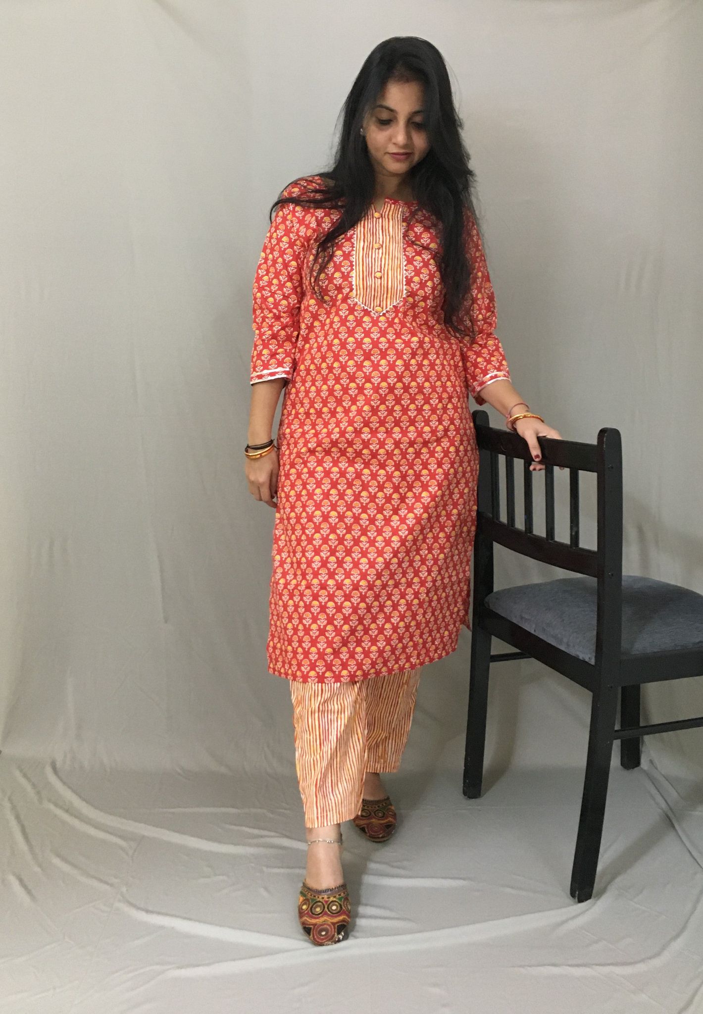 Red Flower Print Kurti Set-38 - M