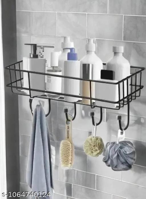 Cornerless Matte Black Shower Shelf Basket with 4 Hooks Rustproof